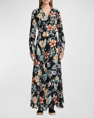 Aniyah Delano Tropical Floral-Print Linen Voile Maxi Wrap Shirtdress
