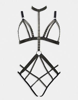 Ann Summers Cleopatra intricate detail ouvert neck harness and thong set in black
