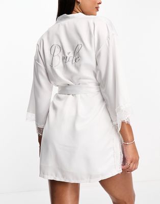 Ann Summers embroidered Bride satin robe in Ivory with lace detail-White