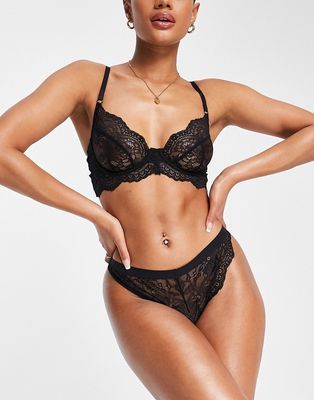Ann Summers Hold Me Tight lace underwired longline bra and high waist thong 2 piece set in black