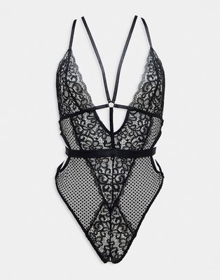 Ann Summers Valentines Obsession lace and fishnet plunge front bodysuit with strapping detail in black