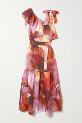 Anna Mason - Cirque Asymmetric Ruffled Printed Linen Midi Dress - Pink