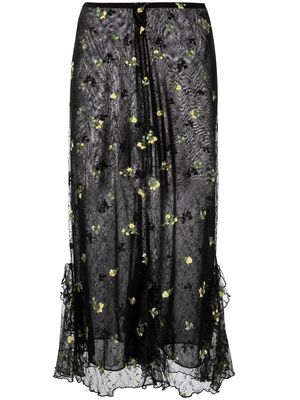 Anna Sui floral-embroidered lace midi skirt - Black