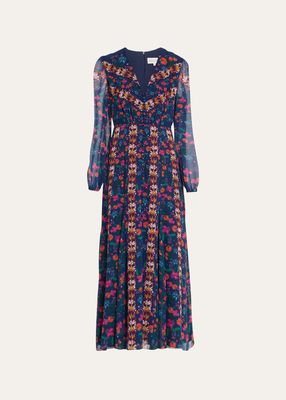 Annabel-B Floral Silk Puff-Sleeve Midi Dress