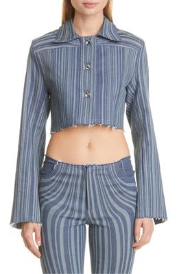 Anne Isabella Laser Stripe Raw Edge Crop Denim Jacket in Light Denim Blue