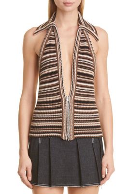 Anne Isabella Stripe Plunge Neck Virgin Wool & Cashmere Zip Sweater in Brown Stripe