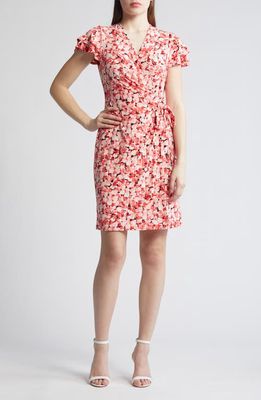 Anne Klein Abstract Floral Flutter Sleeve Wrap Dress in Red Pear Multi