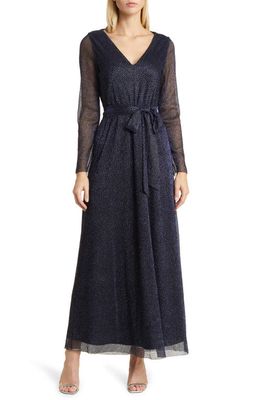 Anne Klein Belted Long Sleeve Metallic Chiffon Gown in Distant Mountain