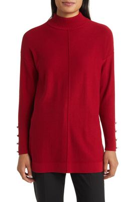 Anne Klein Button Cuff Mock Neck Sweater in Titian Red