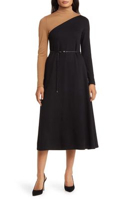 Anne Klein Colorblock Belted Long Sleeve Midi Dress in Anne Black/Vicuna