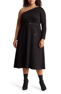 Anne Klein Colorblock Long Sleeve Knit Midi Dress in Anne Black/Vicuna