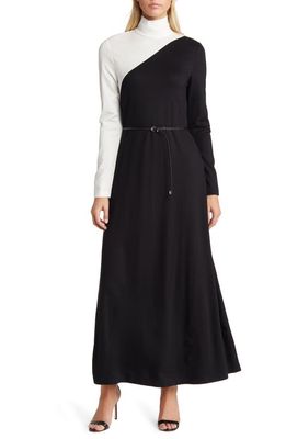 Anne Klein Colorblock Mock Neck Long Sleeve Maxi Dress in Anne Black/Bright White