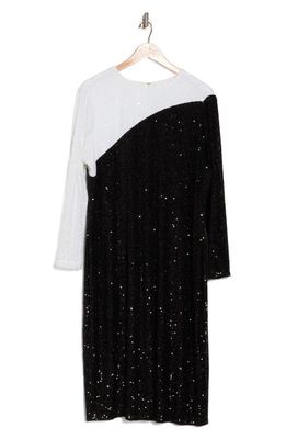 Anne Klein Colorblock Sequin Long Sleeve Midi Dress in Anne Black/Anne White