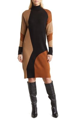 Anne Klein Colorblock Turtleneck Sweater Dress in Camel Combo