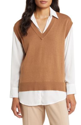 Anne Klein Combination Cotton Blend Sweater Vest & Shirt in Vicuna/Anne White
