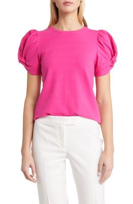 Anne Klein Coolknit Twist Detail Puff Sleeve Stretch Cotton Shirt in Pink Pansy
