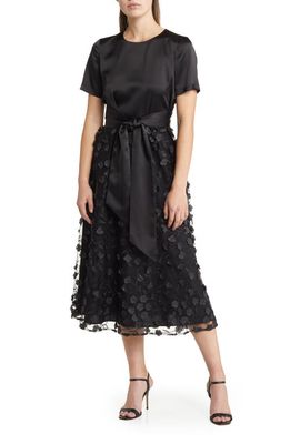 Anne Klein Floral Appliqué Tie Waist Satin Midi Dress in Anne Black