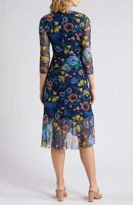 Anne Klein Floral Faux Wrap Mesh Midi Dress in Navy Multi