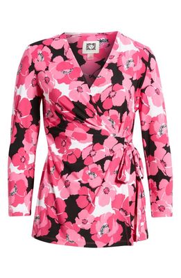 Anne Klein Floral Faux Wrap Top in Pink Pansy Multi