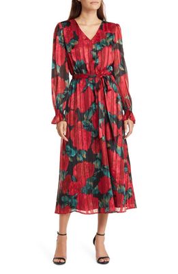 Anne Klein Floral Pleated Long Sleeve Dress in Titian Red Multi