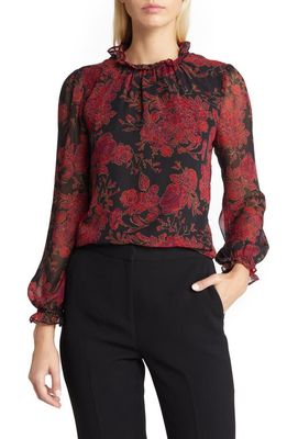 Anne Klein Floral Print Ruffle Blouse in Anne Black Combo