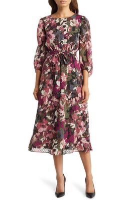 Anne Klein Floral Print Tie Waist Midi Dress in Kelp/Chianti Combo