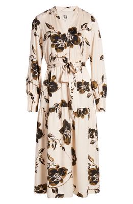 Anne Klein Floral Print Tiered Long Sleeve Midi Dress in Antique White/Black