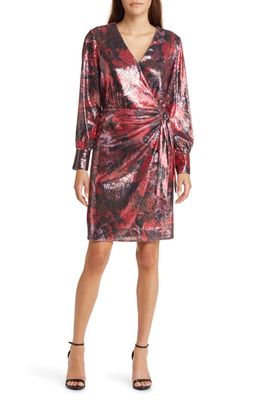 Anne Klein Floral Sequin Long Sleeve Faux Wrap Dress in Titian Red Multi