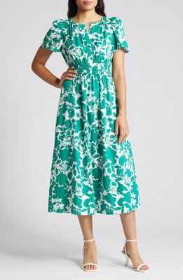 Anne Klein Floral Smocked Midi Dress in Green Sprig/Porcelai