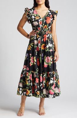 Anne Klein Floral Tiered Cotton Maxi Dress in Anne Black Multi