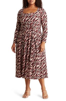 Anne Klein Geo Print Long Sleeve Knit Midi Dress in Rose Stone/Crema Multi