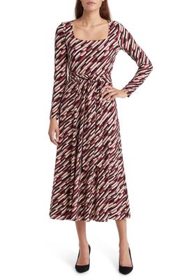 Anne Klein Geo Print Long Sleeve Square Neck Midi Dress in Rose Stone/Crema Multi