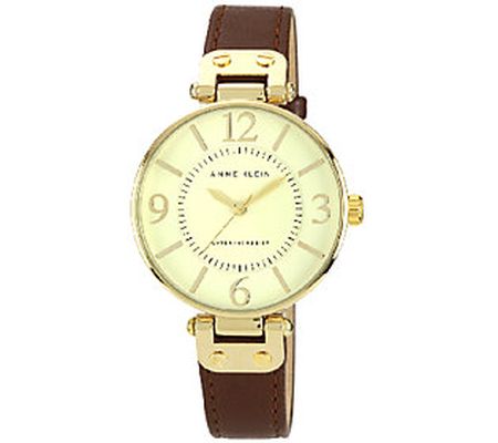 Anne Klein Goldtone Round Dial and Brown Leathe r Strap Watch