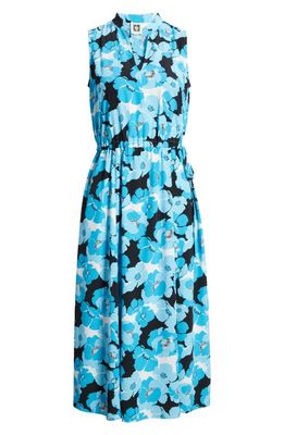 Anne Klein Jenna Floral Split Neck Tie Waist Midi Dress in Tropical Blue Multi