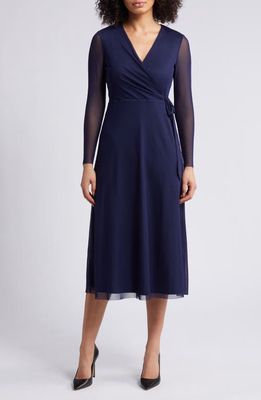 Anne Klein Long Sleeve Midi Wrap Dress in Midnight Navy