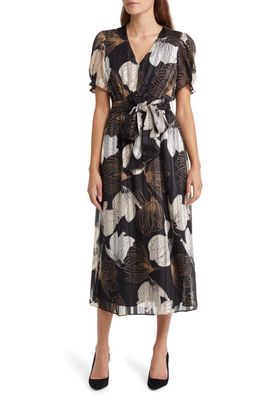 Anne Klein Metallic Floral Puff Sleeve Midi Dress in Anne Black/Crema Multi