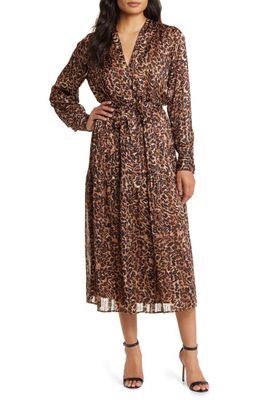 Anne Klein Metallic Leopard Long Sleeve Belted Midi Dress in Vicuna/Rose Stone Multi