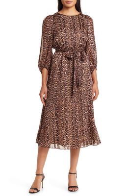 Anne Klein Metallic Leopard Print Long Sleeve Dress in Light Coffee/Vicuna Mu