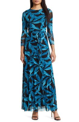 Anne Klein Print Mesh Maxi Dress in Tropical Blue Multi