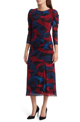 Anne Klein Print Puff Shoulder Mesh A-Line Dress in Titian Red/Juniper Multi