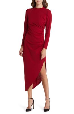 Anne Klein Ruched Asymmetric Hem Long Sleeve Dress in Titian Red