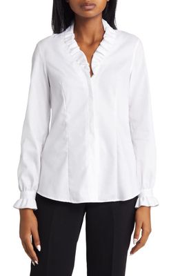 Anne Klein Ruffle Long Sleeve Button-Up Blouse in Bright White