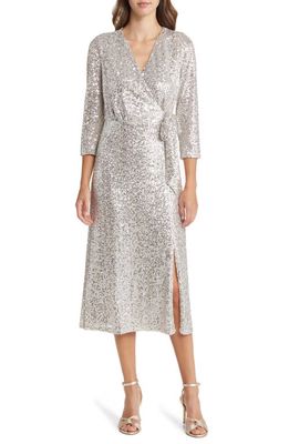 Anne Klein Sequin Faux Wrap Dress in Silver