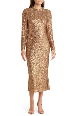 Anne Klein Sequin Mock Neck Long Sleeve Midi Dress in Gold
