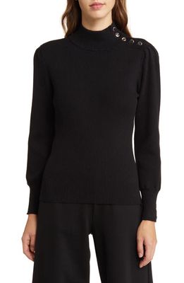 Anne Klein Side Button Mock Neck Cotton Blend Sweater in Anne Black