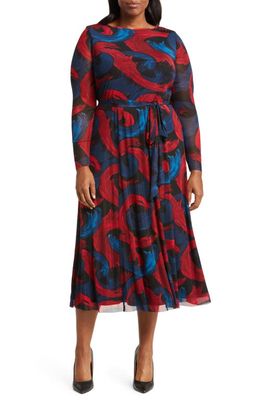 Anne Klein Swirl Print Long Sleeve Mesh Midi Dress in Titian Red /Juniper Multi