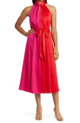 Anne Klein Twist Neck Belted Colorblock Midi Dress in Poppy/Amaranth