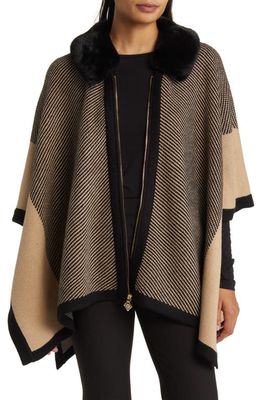 Anne Klein Zip-Up Poncho with Faux Fur Collar in Light Coffee/Anne Blac