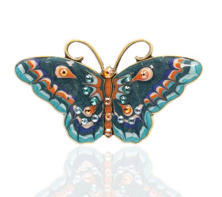 Anne Koplik Teal & Brown Crystal Butterfly Tear drop Pin