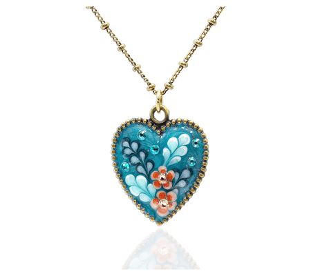 Anne Koplik Teal & Brown Crystal Floral Heart P ndant w/ Chain